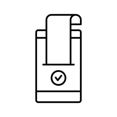 Onaylanmış online ödeme. Elektronik onaylı alışverişin doğrusal simgesi. Mobil cihaz ya da terminal, kasa makbuzu, kabul belgesi. İzole edilmiş vektör, siyah illüstrasyon, beyaz arkaplan