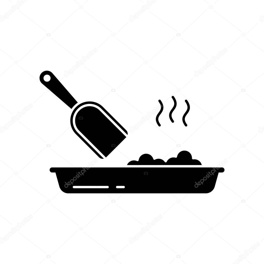 Cutout silhouette Cat litter toilet icon. Outline logo of Pet cleaning. Black simple illustration of poop scoop, tray and smell. Flat isolated vector image on white background