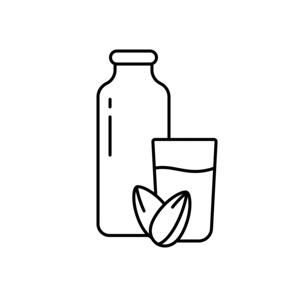 一瓶杏仁牛奶 两个坚果 素食蛋白质饮料的线条艺术图标 黑简单的说明有机食品 健康的营养 白色背景上的锥形孤立矢量标志 — 图库矢量图片