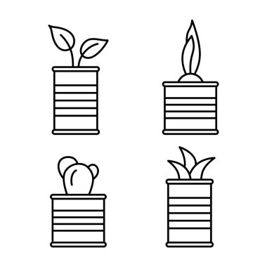 Teneke kutularda bir dizi çizgi film bitkisi. Oluklu metal silindirik kabın içinde çiçek. Kavanozda bahar lahanası yetiştiren çizgi sanatı. Ev bahçesi çizimi. İzole edilmiş vektör simgesini ekle, beyaz arkaplan