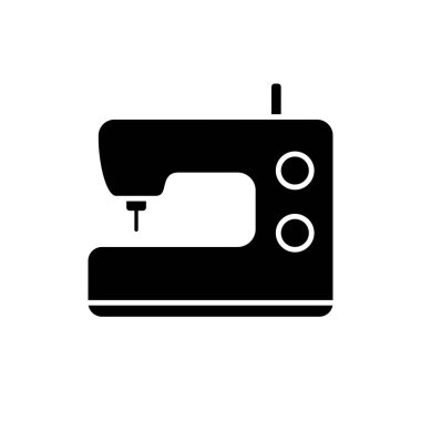 Siluet dikiş makinesi. Terzi amblemi. Endüstriyel kıyafet üretimi. Kumaş ve kumaş için elektrikli aletin siyah çizimi. Beyaz arkaplanda düz izole vektör simgesi