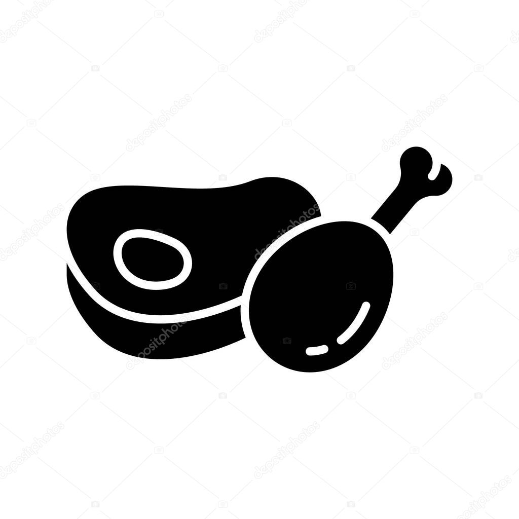Silhouette fresh meat on bone. Chicken leg with steak. Outline icon of meat products. Black cartoon illustration of poultry, beef, pork. Flat isolated vector on white background. Butcher shop logo