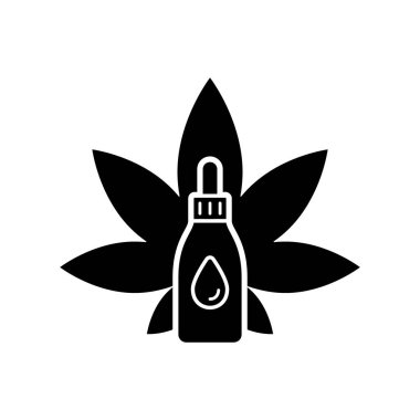 Siluet kenevir yağı, esanslar. Ana hatlarıyla bitkisel kozmetik logosu. Kenevir yaprağı resimli matara. Bitkilerden elde edilen doğal özlerle dolu bir şişe. Vücut ve yüz bakımı, yiyecek vitamini. Düz izole vektör simgesi