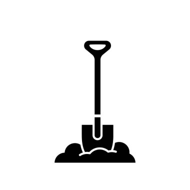 Siluet süngülü kürek toprak yığınına sıkışmış. Toprak ve kazı aletlerinin ana hatları. Bahçıvanlığın, kökünün kazılmasının, gömülmesinin siyah basit bir illüstrasyonu. Beyaz arkaplanda düz izole vektör simgesi