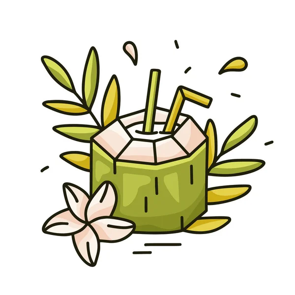 Green Coconut Juice Doodle Vector Illustration Color Cartoon Hand Drawn — Stock Vector