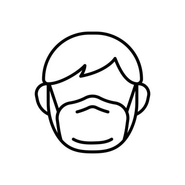 Yüz maskesi simgesi. Korumalı solunum cihazıyla erkek kafasının çizgi çizimi. Nefes koruması için tıbbi maskenin siyah çizimi. İzole vektör amblemi, beyaz arkaplan