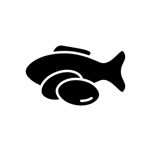シルエット魚油のロゴタイプ 2つのカプセルのピクトグラムと背景にフィンを持つ海魚の形状を概説します ビタミンオメガ3の黒いイラスト 栄養補助食品 フラット分離ベクトルアイコン — ストックベクタ