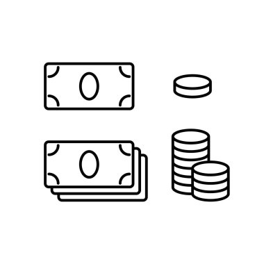 Set of cash icon. Linear paper money, stack of coins. Black illustration of banknotes, metal coins, dollars for bank design. Contour isolated vector pictogram on white background. Wealth emblem vector