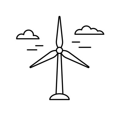 Rüzgar santrali. Hava yeşili enerjisinin doğrusal simgesi. Elektrik istasyonunun siyah çizimi, bulutlu yel değirmeni. Beyaz arkaplanda izole edilmiş vektör görüntüsünü göster. Yenilenebilir doğal kaynak amblemi