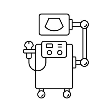 Ultrason makinesi. Profesyonel tıbbi ekipmanların doğrusal simgesi. Hastanenin teşhis cihazının siyah çizimi, hamile kadının taraması. Beyaz arkaplanda izole edilmiş vektör amblemini birleştir