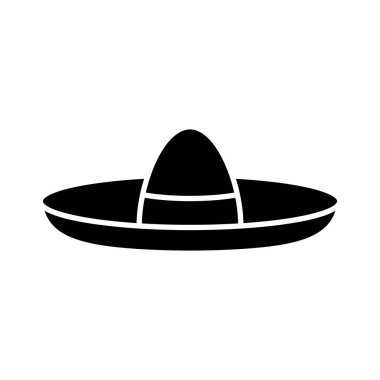 Sombrero siluet simgesi. Geleneksel Meksika şapkasının logosu. Geniş kenarlı keçeli ya da saman aksesuarının siyah çizimi. Beyaz arkaplanda düz izole vektör amblemi