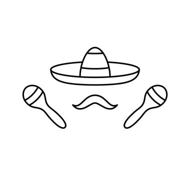 Meksikalı adam hazır. Sombrero, bıyık, marakas. Geleneksel eğlence, dans ve müziğin sanat simgesi. Siyah simetrik aksesuar çizimi. İzole edilmiş vektör posteri, beyaz arkaplan