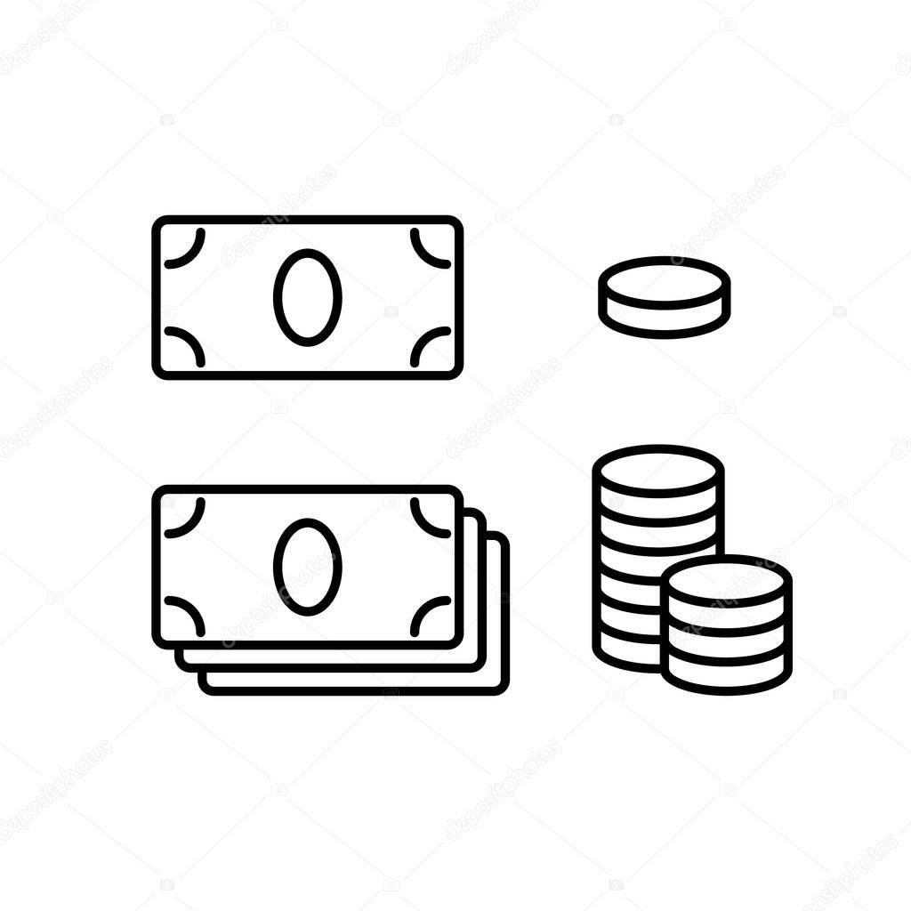 Set of cash icon. Linear paper money, stack of coins. Black illustration of banknotes, metal coins, dollars for bank design. Contour isolated vector pictogram on white background. Wealth emblem