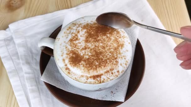 Cappuccino Oder Latte Löffel Schöpft Milchschaum Aus Einer Tasse Kaffee — Stockvideo
