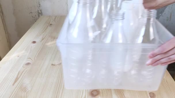 Waste Sorting White Hands Place Container Transparent Pet Plastic Bottles — Stock Video