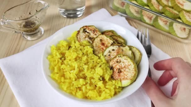 Yellow Curry Rice Baked Zucchini Hand Takes Fork Scoops Food — Stock Video