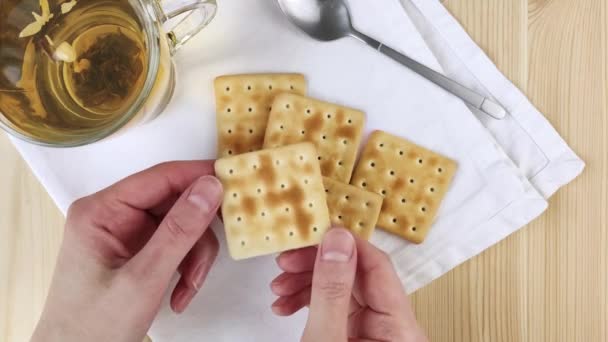 Mãos Femininas Mantêm Biscoitos Quadrados Secos Bebida Chá Quente Caneca — Vídeo de Stock