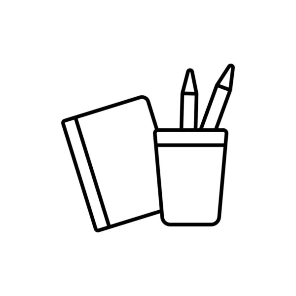 ガラスのノートと鉛筆 ピクトグラムを描く スケッチブック ペンの線形アイコン 学校の文房具 筆記材料 教育の黒いイラスト 等高線分離ベクトル白地 — ストックベクタ
