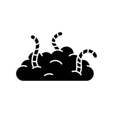 Solucanlı siluet toprak yığını. Kompost ve organik atıkların ana simgesi. Bahçe işleri için toprak yığınının ya da toprak solucanlarının siyah çizimi. Beyaz arkaplanda düz izole vektör