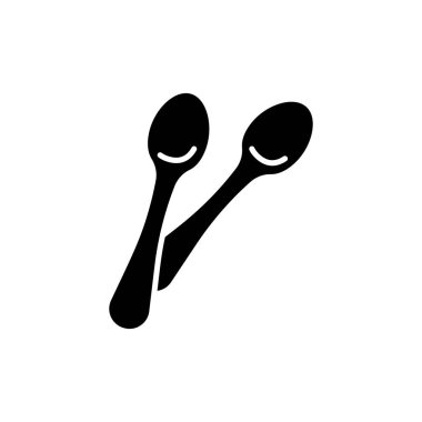 Bir çift kaşığın siluetini kes. Mutfak eşyalarının ana simgesi. Sıvı yemekler, yemek, yemek için siyah çizimler. Beyaz zemin üzerinde düz izole vektör. İki kişilik hizmet sembolü