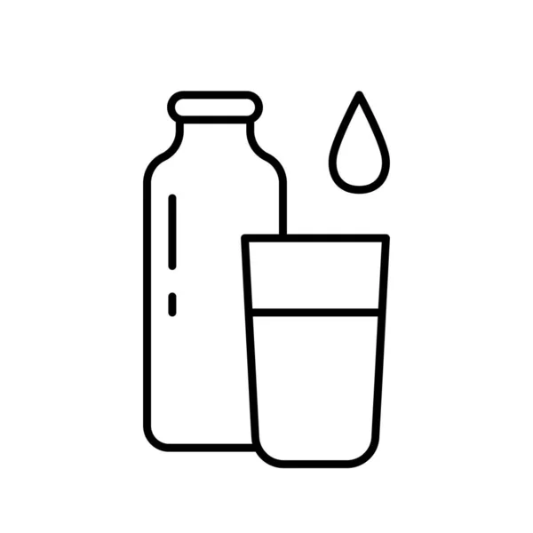 Μπουκάλι Ποτήρι Σταγόνα Γραμμική Εικόνα Νερού Γάλακτος Κοκτέιλ Μαύρη Απεικόνιση — Διανυσματικό Αρχείο