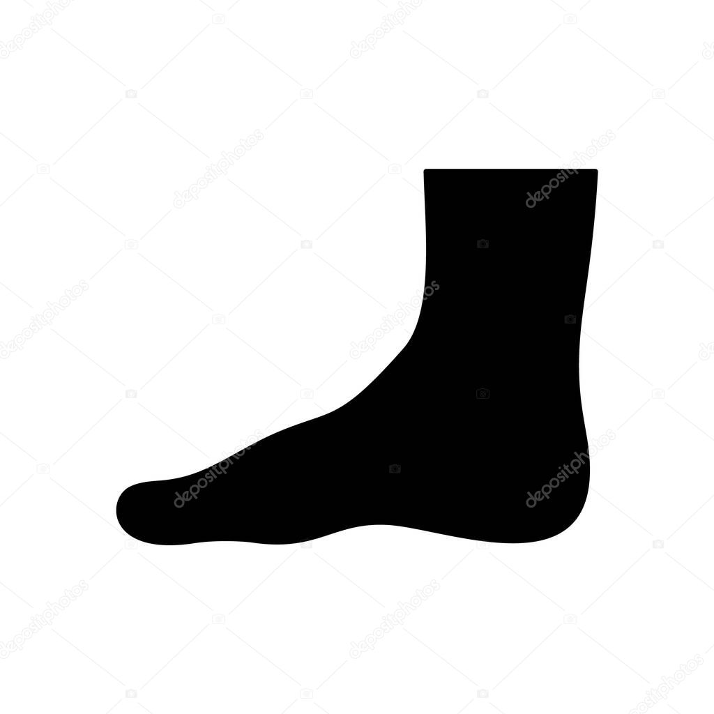 Silhouette Human foot in profile. Outline icon of man's foot. Black illustration of leg, body part. Flat isolated vector on white background. Emblem for design of package shoes, socks, medical bandage
