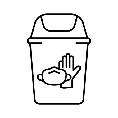 Lateks eldivenli çöp kutusu, yüz maskesi. Tıbbi malzemelerin imhası. Hastane ve klinikte kullanılmış koruyucu ekipmanları atmak için kullanılan özel çöp kutusunun doğrusal çizimi. Contour vektör simgesi