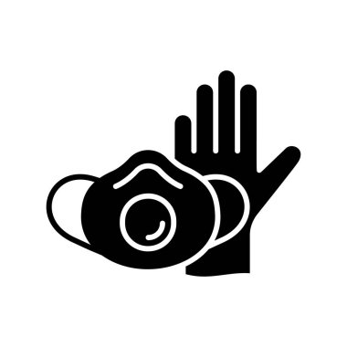 Siluet Respirator ve vinil eldiven. Bireysel koruyucu ekipmanlar. Salgın sırasında kapakçığı virüse karşı olan cerrahi maskenin taslağı. Düz izole vektör simgesi, beyaz arkaplan