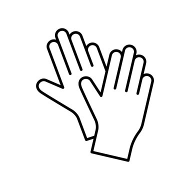 Paket tasarımı için bir çift lateks eldiven. İki elin doğrusal simgesi. Virüse karşı tek kullanımlık tıbbi korunmanın siyah çizimi. Beyaz arkaplanda izole edilmiş vektör amblemini birleştir