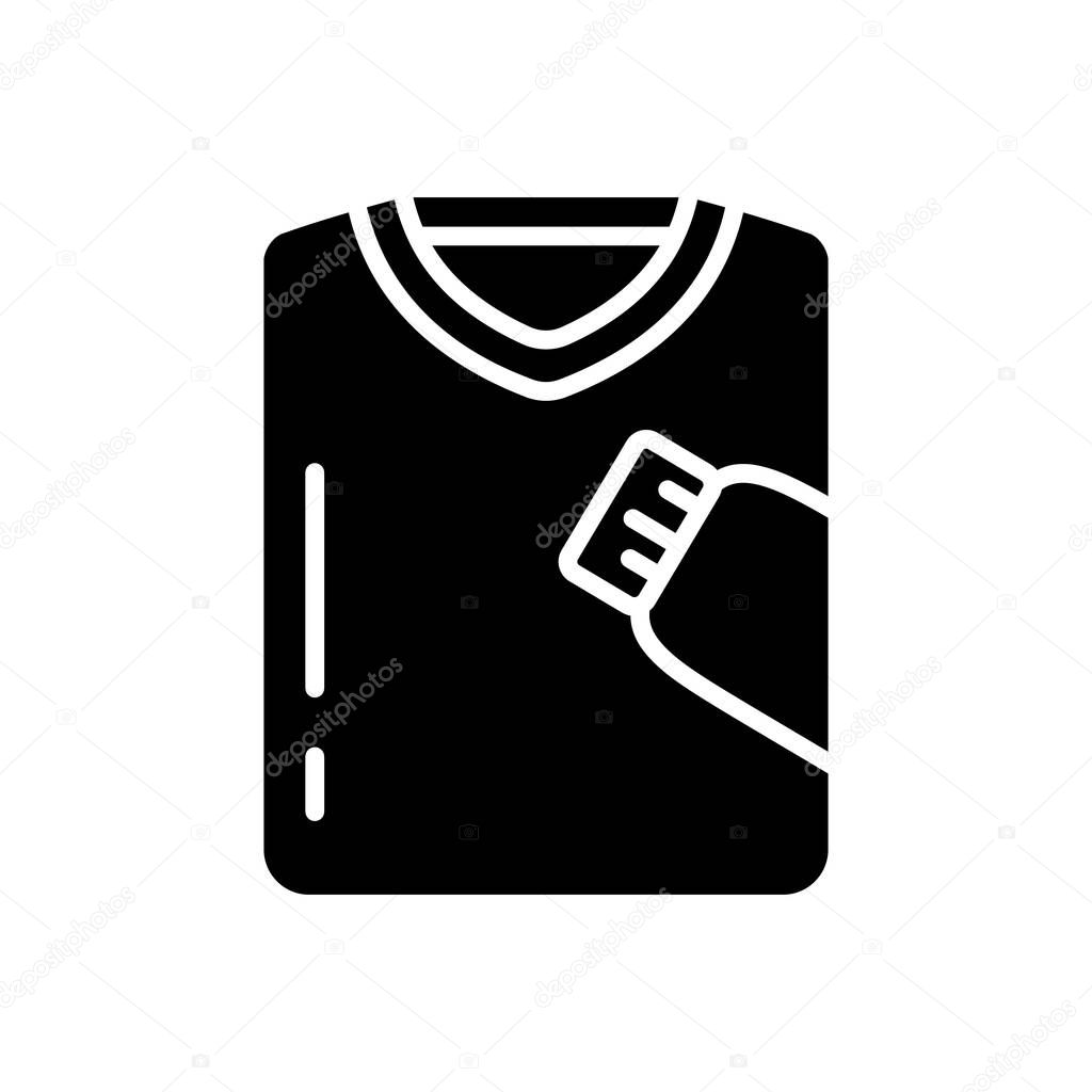 Silhouette Folded sweater with round collar and long sleeve. Pullover, knitwear icon. Outline illustration of knitted clothes, part of men's dress. Flat isolated vector emblem on white background