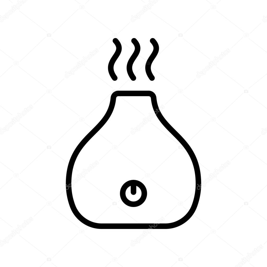 Electronic aroma diffuser with power button and air stream. Line art icon of air freshener. Black illustration of electric device for home. Contour isolated vector image on white background