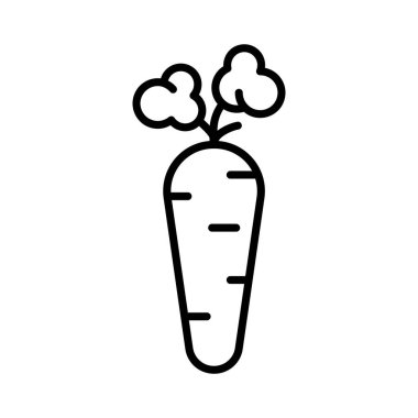 Üst simgesi olan havuç. Tüberküloz bitkisinin doğrusal logosu. Eko çiftçiliğin siyah bir illüstrasyonu, beta karoten vitamini kaynağı. Beyaz arkaplanda izole edilmiş vektör görüntüsünü göster. Yem simgesi