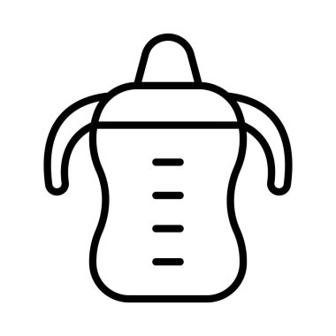 İkiz kulplu, yeni yürümeye başlayan bir bardak. Bebek içicisinin doğrusal simgesi. Terazili biberonun siyah çizimi. Beyaz arkaplanda izole edilmiş vektör amblemini birleştir