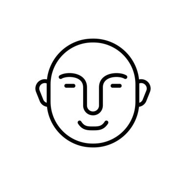 İnsan ikonunun gülen yüzü. Avatar 'ın doğrusal logosu. Kullanıcı arayüzü için insan kafasının siyah çizimi, kişisel profil. Beyaz arkaplanda izole edilmiş vektör amblemini birleştir