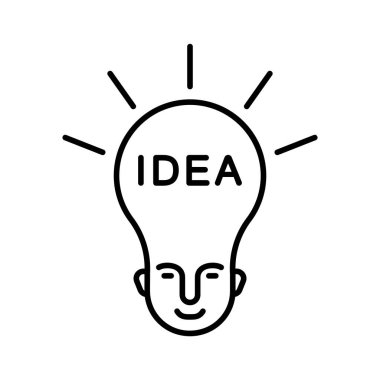 Yeni iş fikri kavramı. Ampul şeklinde insan kafasının doğrusal simgesi. Yaratıcı çözüm tasviri, zeki insan, fikir üreteci. Beyaz arkaplanda izole edilmiş vektörü birleştir