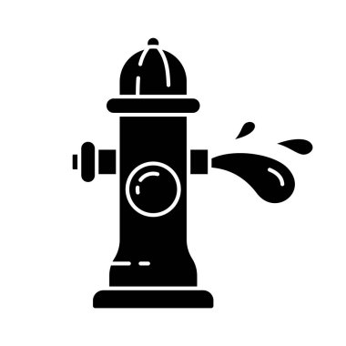 Su akışlı siluet yangın musluğu. Fireplug 'un ana simgesi, su sıçraması. Üç memeli sokak piposunun karikatür siyah çizimi. Beyaz zemin üzerinde düz izole vektör. Musluğu aç