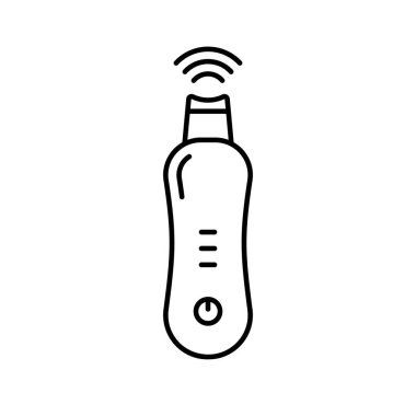 Ultrasonik yüz temizleme. Siyah başlık çıkarmanın doğrusal simgesi, masaj aletini kaldırma. Yüz bakımı için elektronik cihazın siyah çizimi. Beyaz arkaplanda izole edilmiş vektörü birleştir