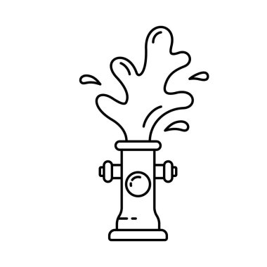 Su çeşmeli yangın musluğu. Fışkıran ateşin doğrusal simgesi. Sokak su borusunun siyah çizimi. Beyaz arka planda izole edilmiş bir vektörü birleştir. Patlama ya da su kaynağı temizliği