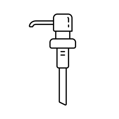 Uzun burunlu el yıkama makinesi pompası. Sıvı, sabun, jöle ve su şişeleri için ayrı plastik tüplerin doğrusal simgesi. Siyah basit bir illüstrasyon. Beyaz arkaplanda izole edilmiş vektör resmini birleştir