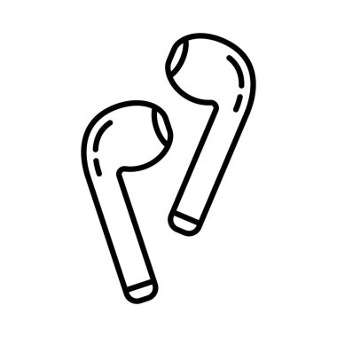 Ayrı kablosuz kulaklıklar. Tellerin doğrusal simgesi ses kullanımı için daha az kulaklık, cevap aramaları. Akıllı telefon ve mobil cihazlar için aksesuar çizimi. Beyaz arkaplanda izole edilmiş vektörü birleştir