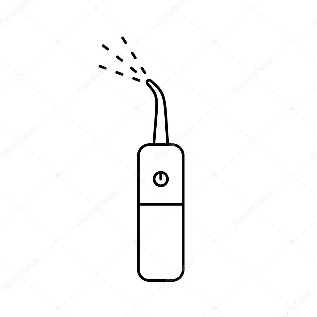 Dental irrigator icon. Line art logo of electric device for home use with water stream. Black simple illustration of oral care, brush teeth. Contour isolated vector image on white background