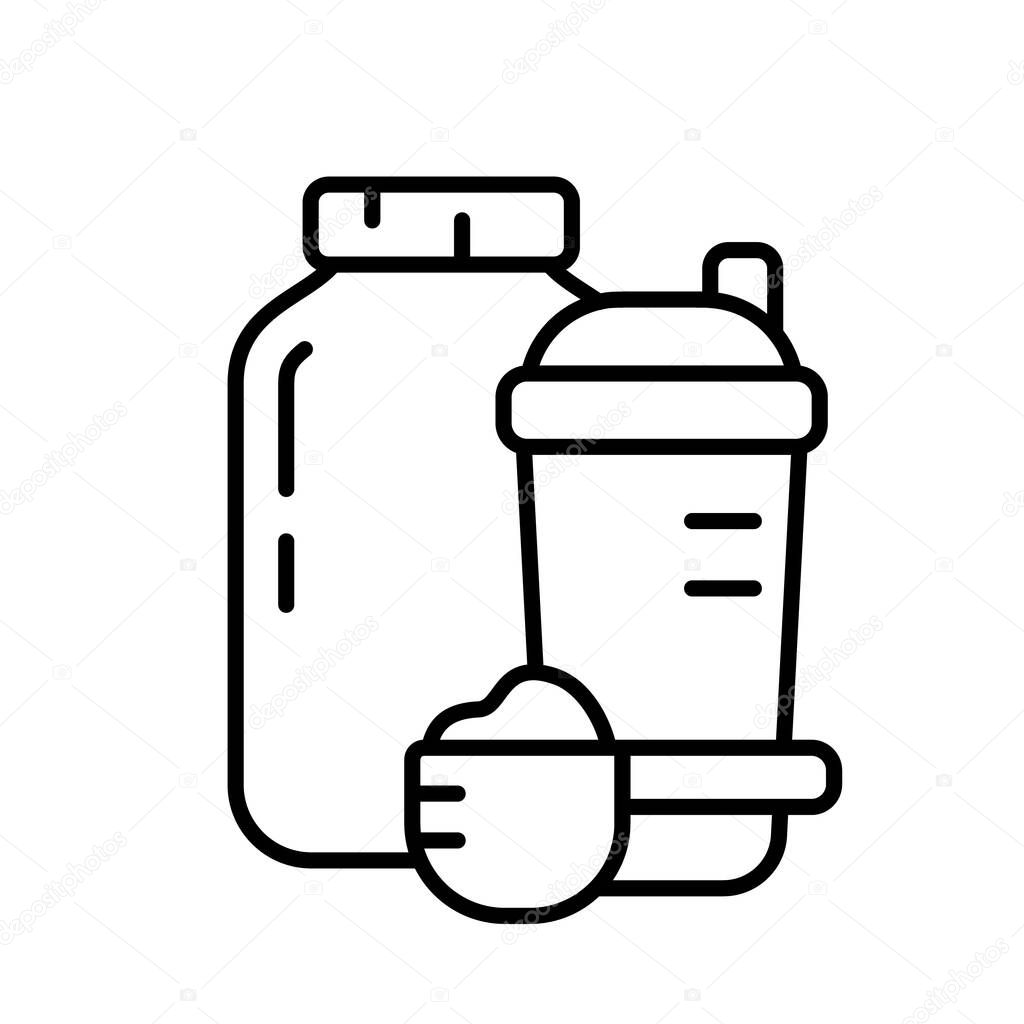 Protein whey bottle, shaker, measuring spoon with dry powder. Set for making sports cocktail. Bodybuilding illustration for bar, shop. Contour isolated vector logo on white background. Linear icon