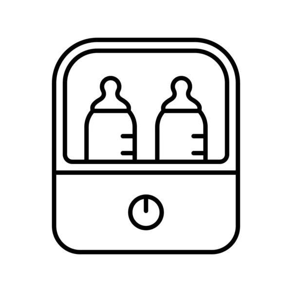 带两个婴儿瓶的电灭菌器或食品加热器 碟子消毒的线形图标 白色背景上的锥形分离向量 为母亲制作的紧凑型装置的卡通黑色插图 — 图库矢量图片