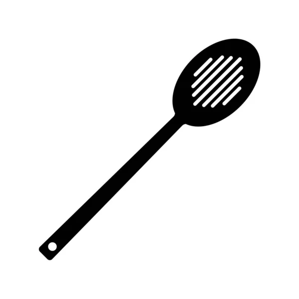 シルエットメッシュストレーナーアイコン 鋼コロンダーの概要ロゴ 台所用品や料理の黒シンプルなイラスト 白い背景にフラット分離ベクトル画像 柄の長いホーリースプーン — ストックベクタ