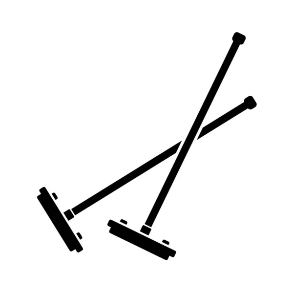 カットアウトシルエット2本のクロスブラシ 長方形のヘッダーを持つ長い棒の概要アイコン モップの黒いイラスト モッピング 白い背景にフラット分離ベクトル 清掃会社のシンボル — ストックベクタ