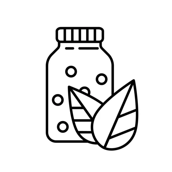 ボールと2つの葉のアイコンを持つボトル 細い線画漢方薬のロゴ 黒のシンプルなイラスト 白い背景にアイソレートベクトル画像を輪郭 パッケージデザインのためのクリッパー — ストックベクタ