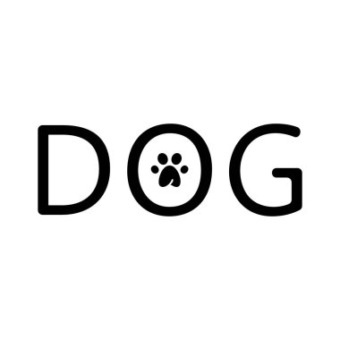 O harfi içinde pençe izi olan siluet köpek. Metin logosunu özetle. Siyah illüstrasyon. Beyaz arkaplanda düz yalıtılmış vektör görüntüsü. Evcil hayvan dükkanı, ürün ambalajı, şirket markası