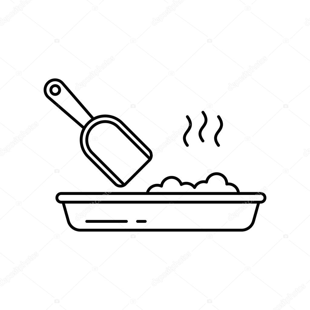 Cat litter toilet icon. Linear logo of Pet cleaning. Black simple illustration of poop scoop, tray and smell. Contour isolated vector image on white background