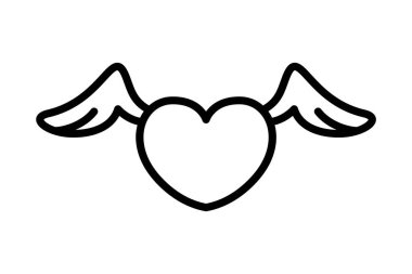 Kanatlı kalp. Sevgililer Günü 'nün doğrusal logosu. Zevksizliğin, flörtleşmenin ve beguinin siyahi bir yansıması. Beyaz arka planda izole edilmiş bir vektörü birleştir. Sosyal ağlardaki beğeni sembolü