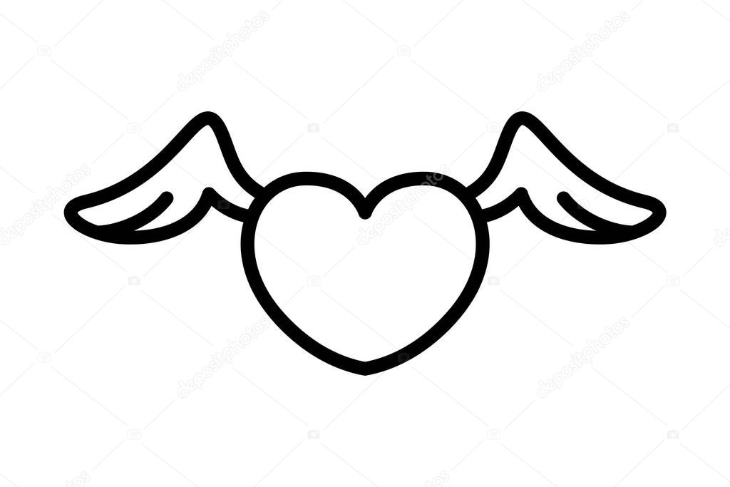 Heart with wings icon. Linear logo of Valentine's Day. Black Illustration of frivolity, flirt and beguin. Contour isolated vector on white background. Symbol of likes on social networks